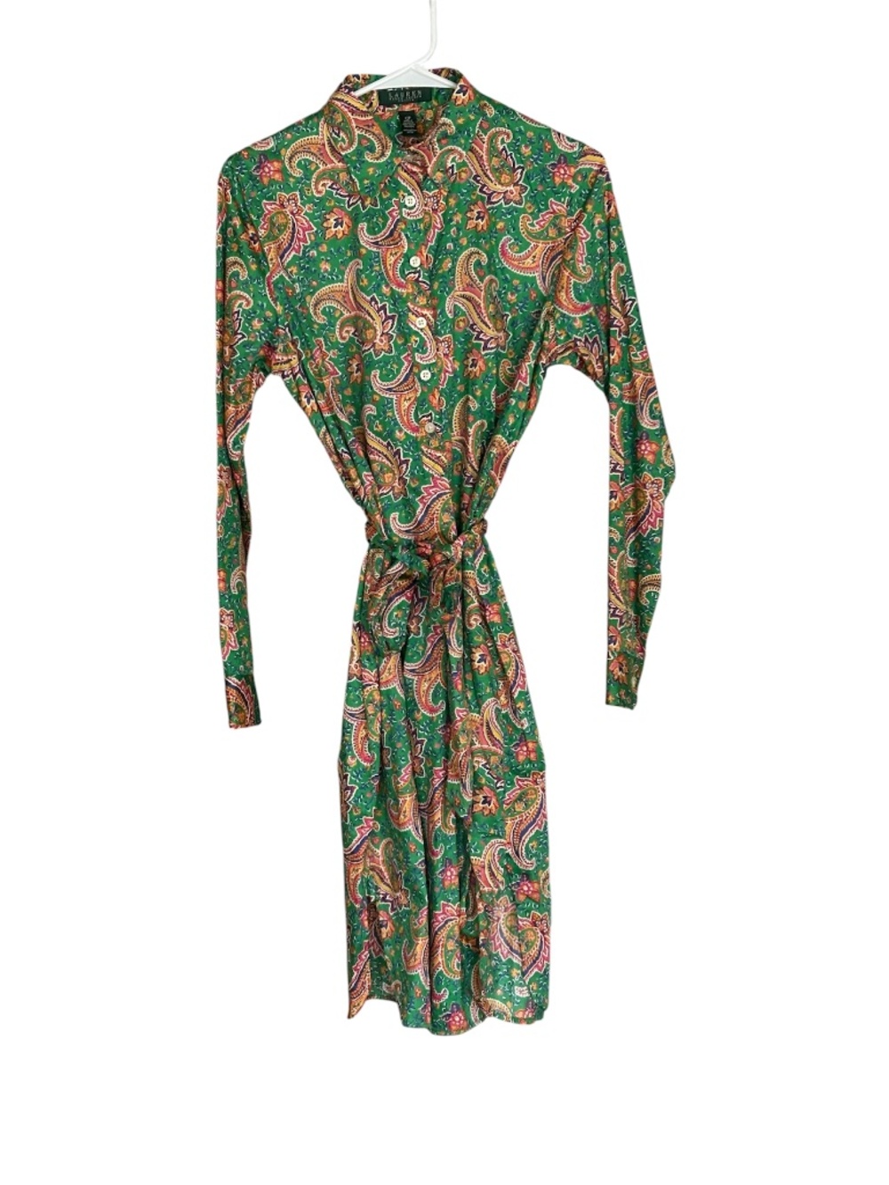 Ralph Lauren Green Paisley Shirt Dress Button Front Belted Preppy